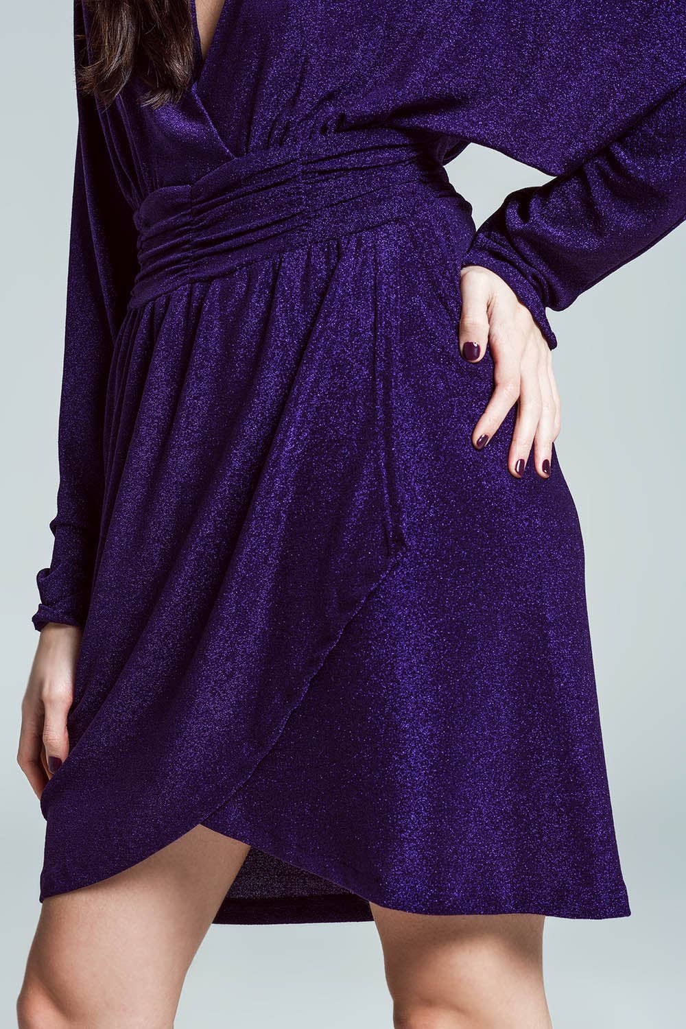 Purple Mini length glitter dress with deep V neck