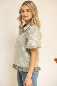 Sage Ruffled Collar Half Zip Floral Velvet Jacquard Top