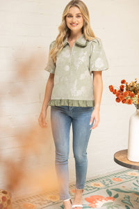 Sage Ruffled Collar Half Zip Floral Velvet Jacquard Top
