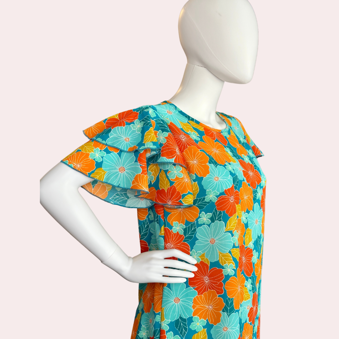 Blue/Orange ruffle sleeve  floral top