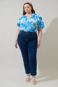 Blue & white floral print blouse