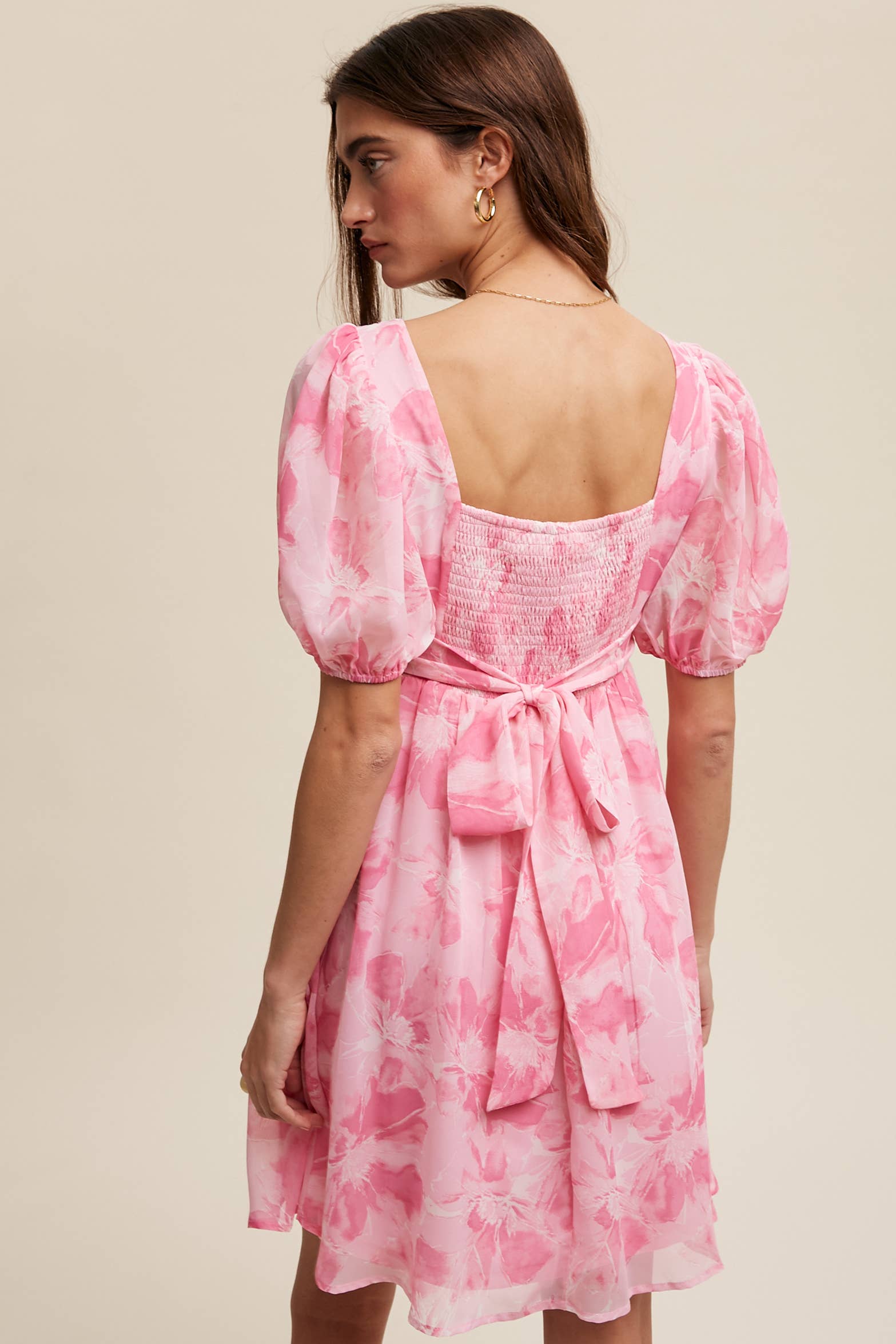 Pink floral puff-sleeve mini dress