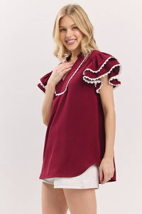 Maroon Game day ruffle sleeve scallop trim top