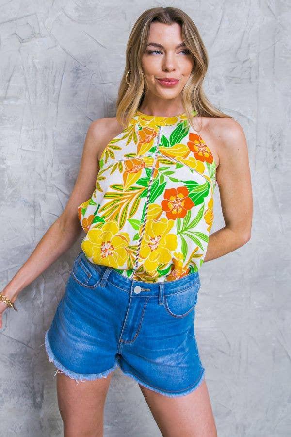 Ivory & yellow printed linen halter top