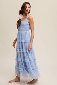 Slate blue tiered tulle maxi dress