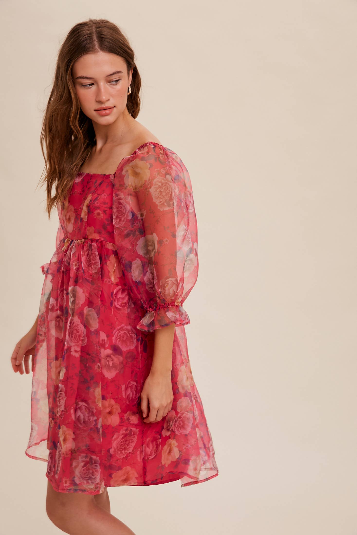 Pink floral organza puff sleeve dress