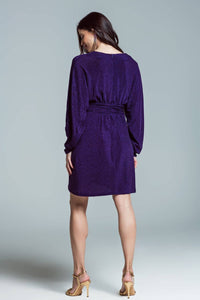 Purple Mini length glitter dress with deep V neck