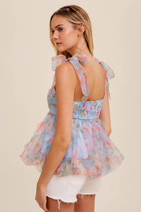 Blue floral print organza bow-tie top