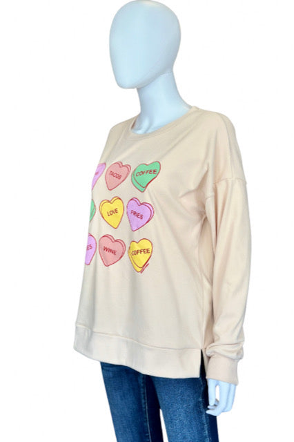 Ivory heart print fleece crewneck