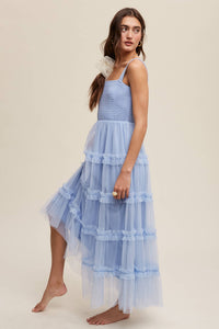 Slate blue tiered tulle maxi dress