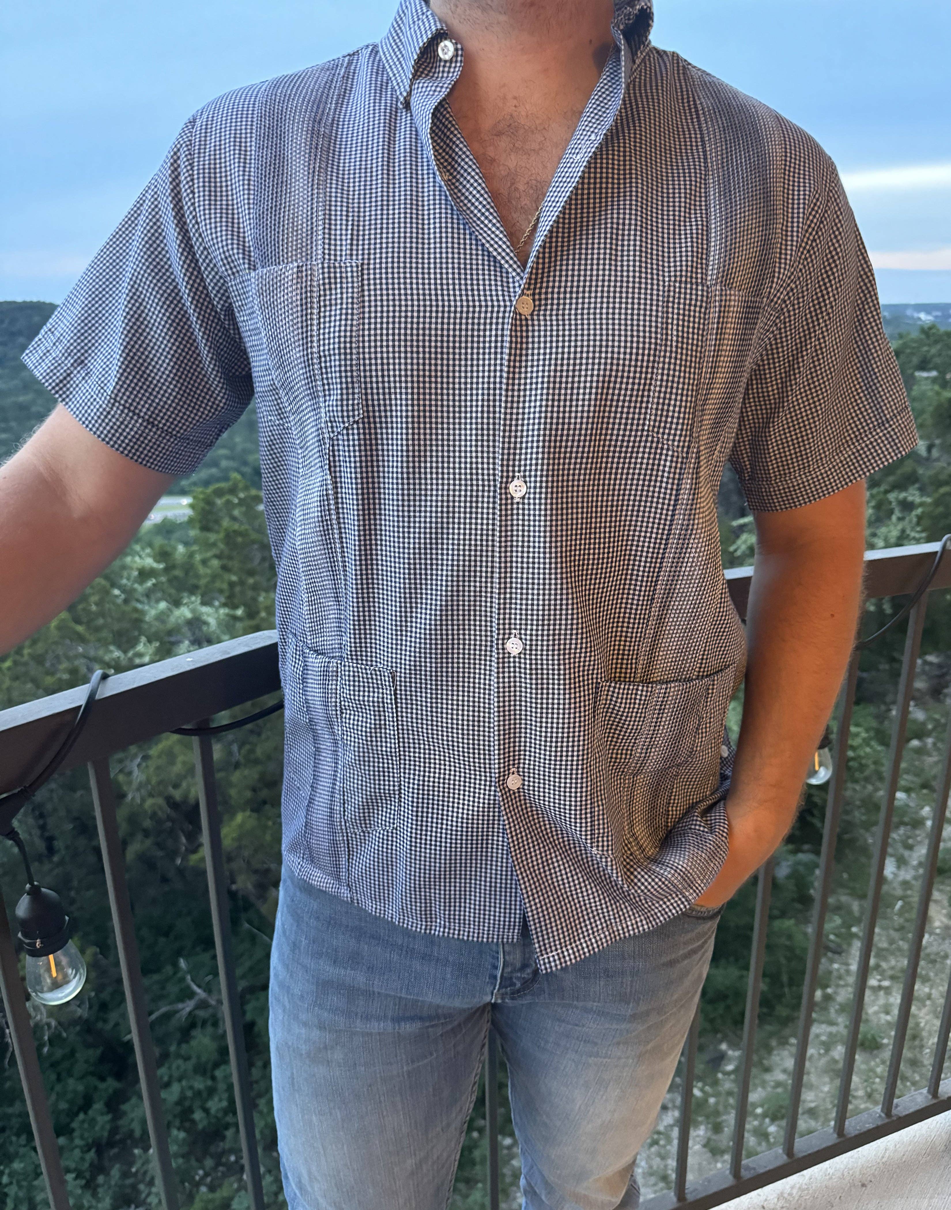 Navy Gingham Guayabera Shirt
