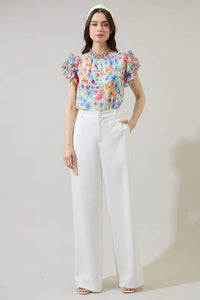 Floral mock neck ruffle blouse