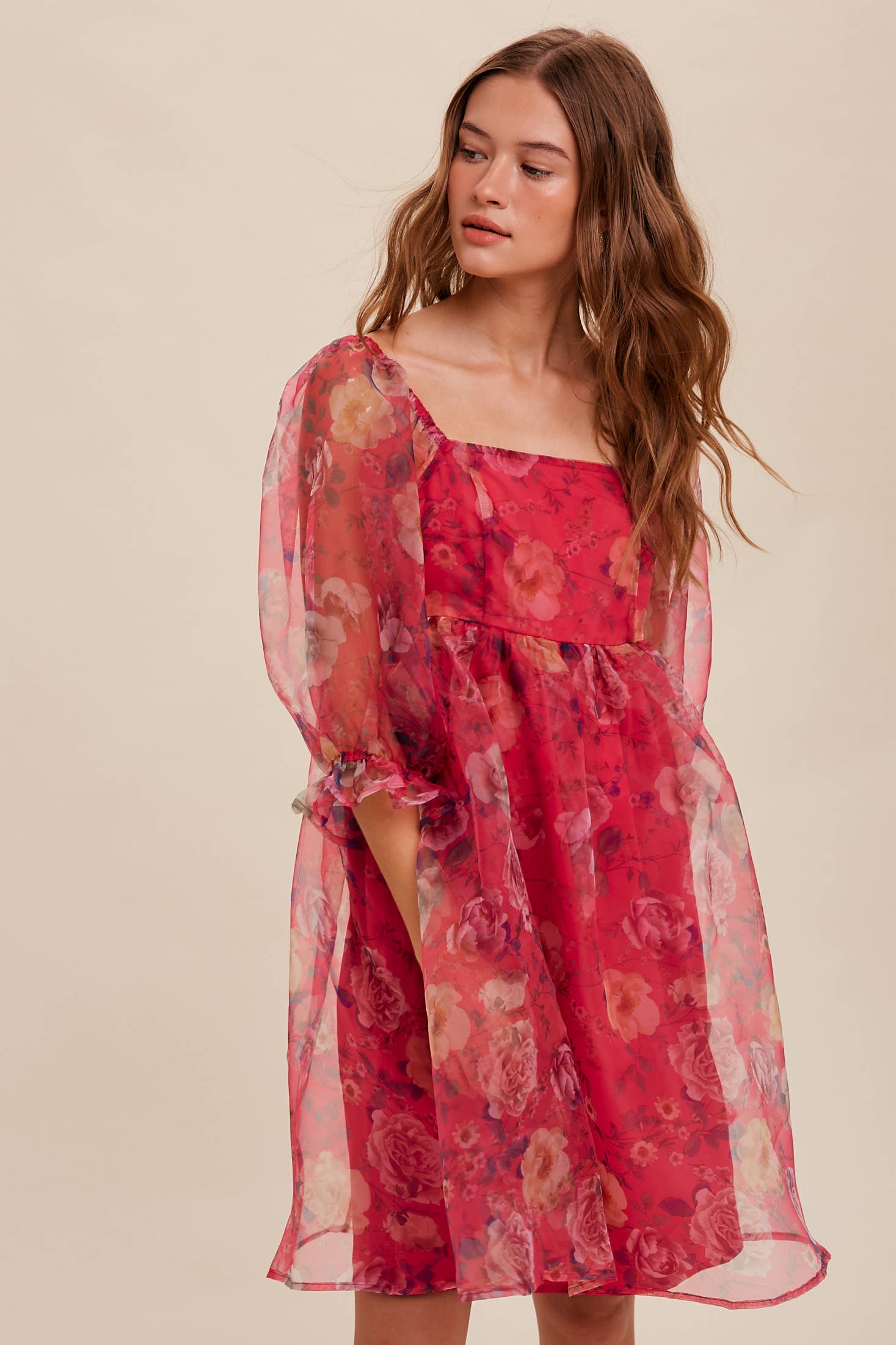 Pink floral organza puff sleeve dress