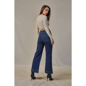 French navy jeans with super high rise and wide crop leg