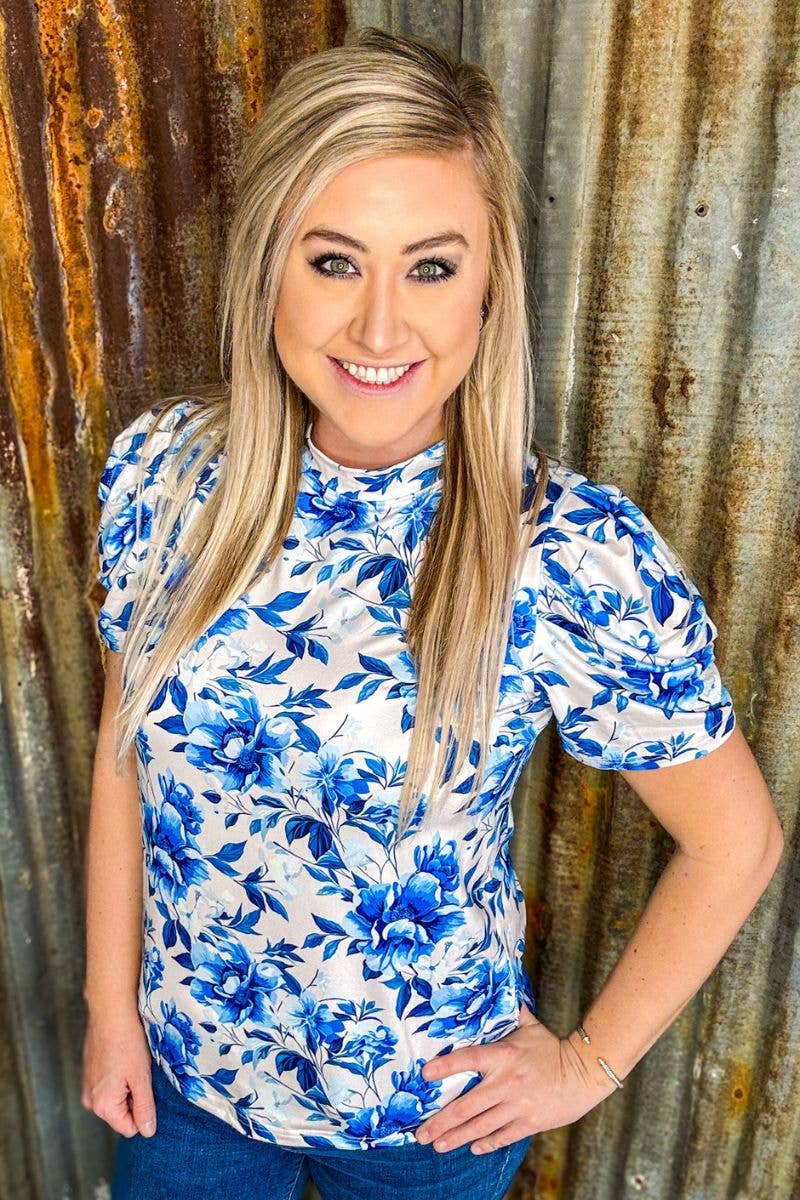 Blue and white floral print top