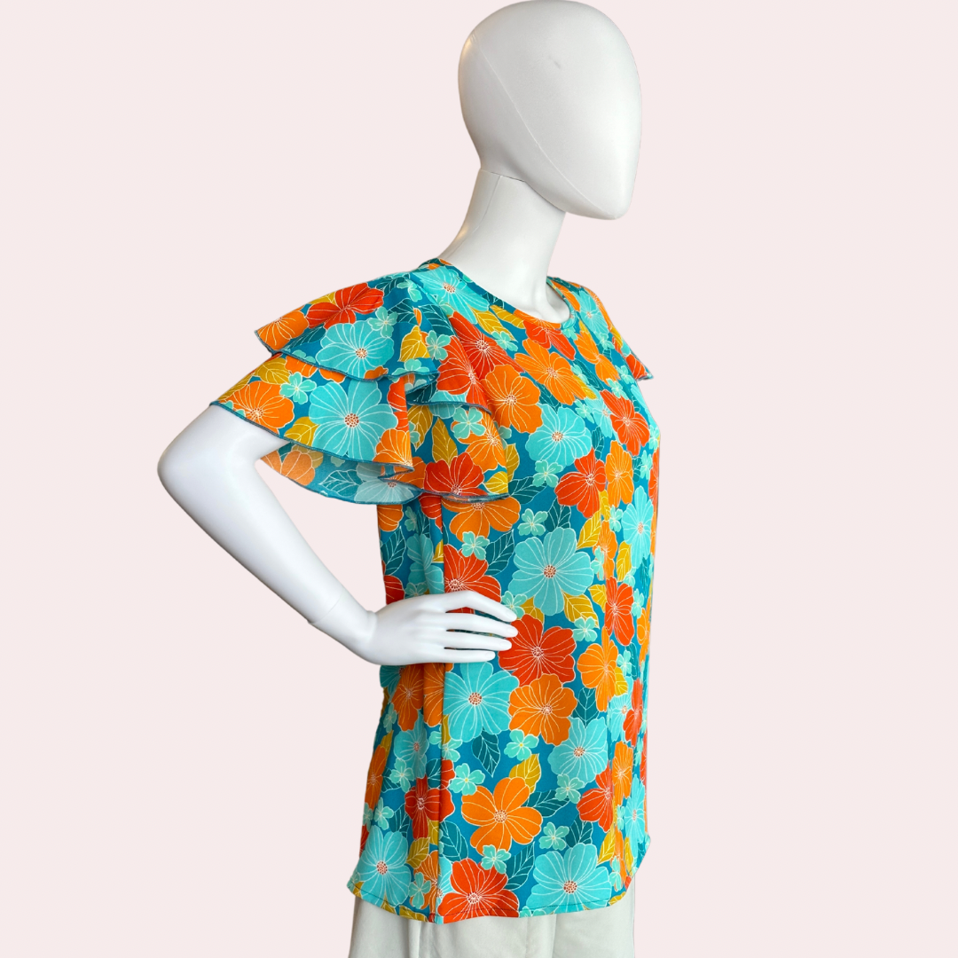 Blue/Orange ruffle sleeve  floral top