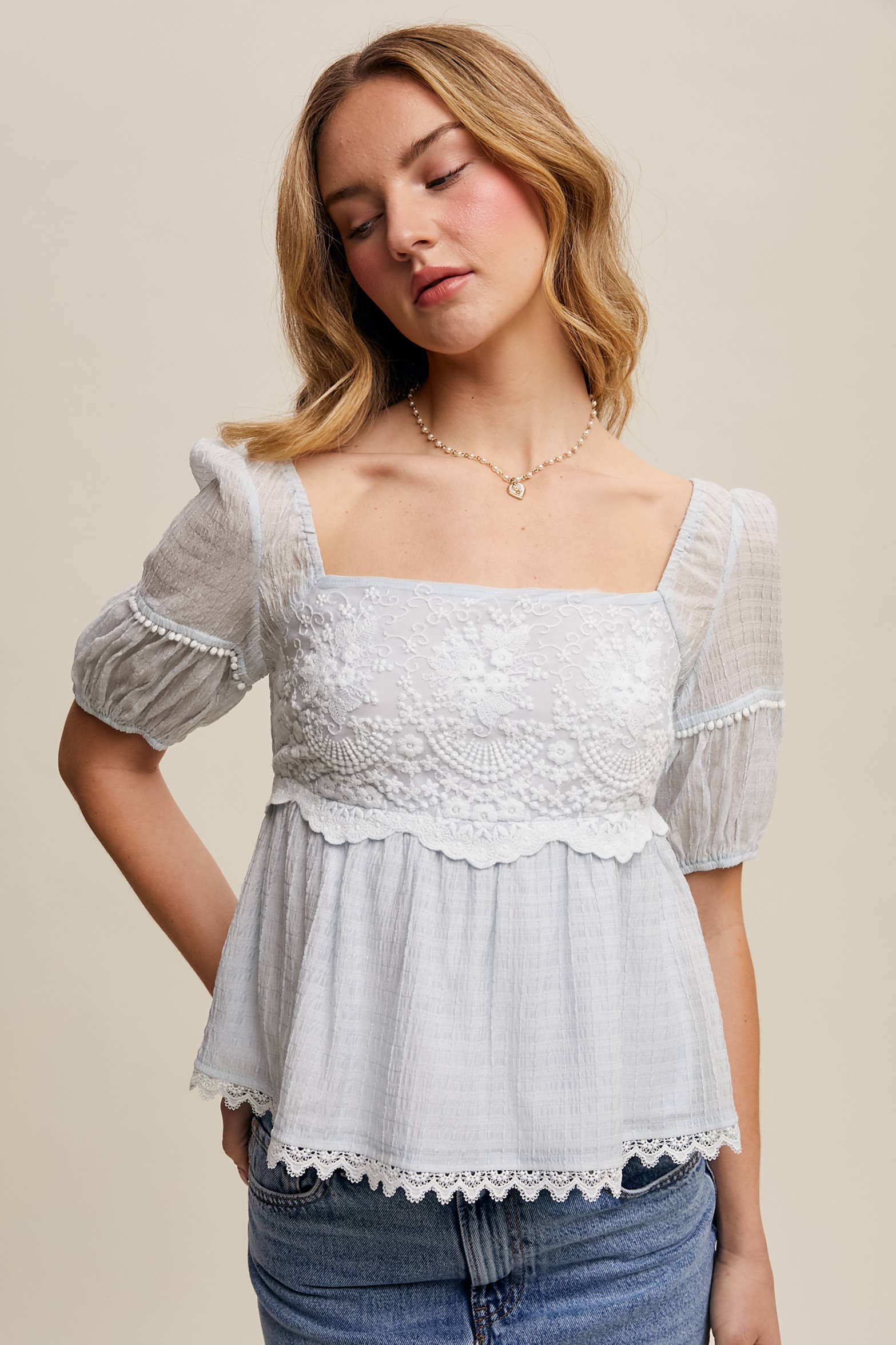 Pale blue bohemian embroidered blouse