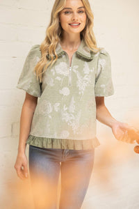 Sage Ruffled Collar Half Zip Floral Velvet Jacquard Top