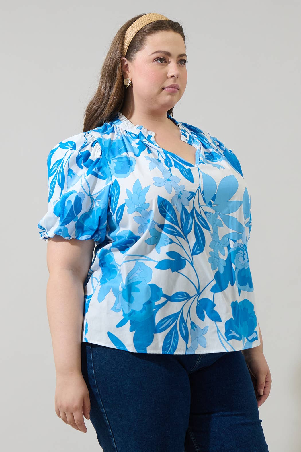 Blue & white floral print blouse