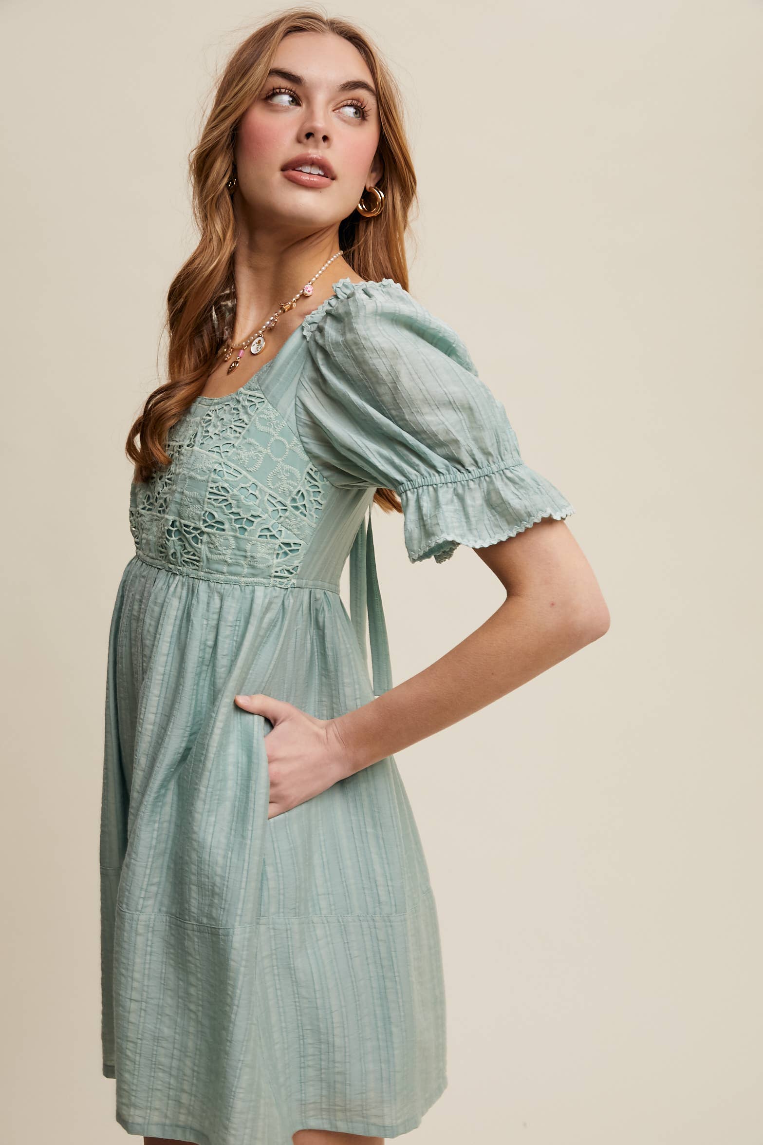Aqua mint romantic lace babydoll dress