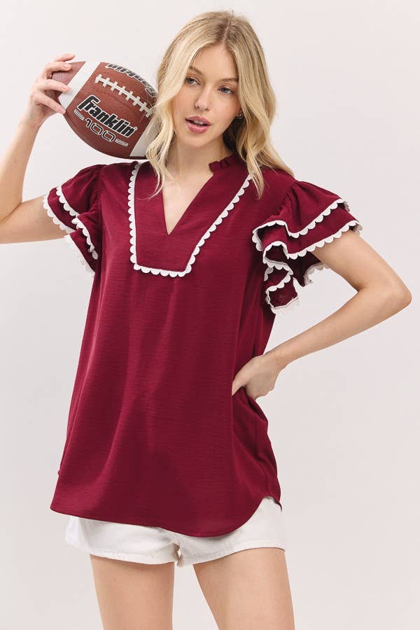 Maroon Game day ruffle sleeve scallop trim top