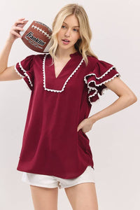 Maroon Game day ruffle sleeve scallop trim top