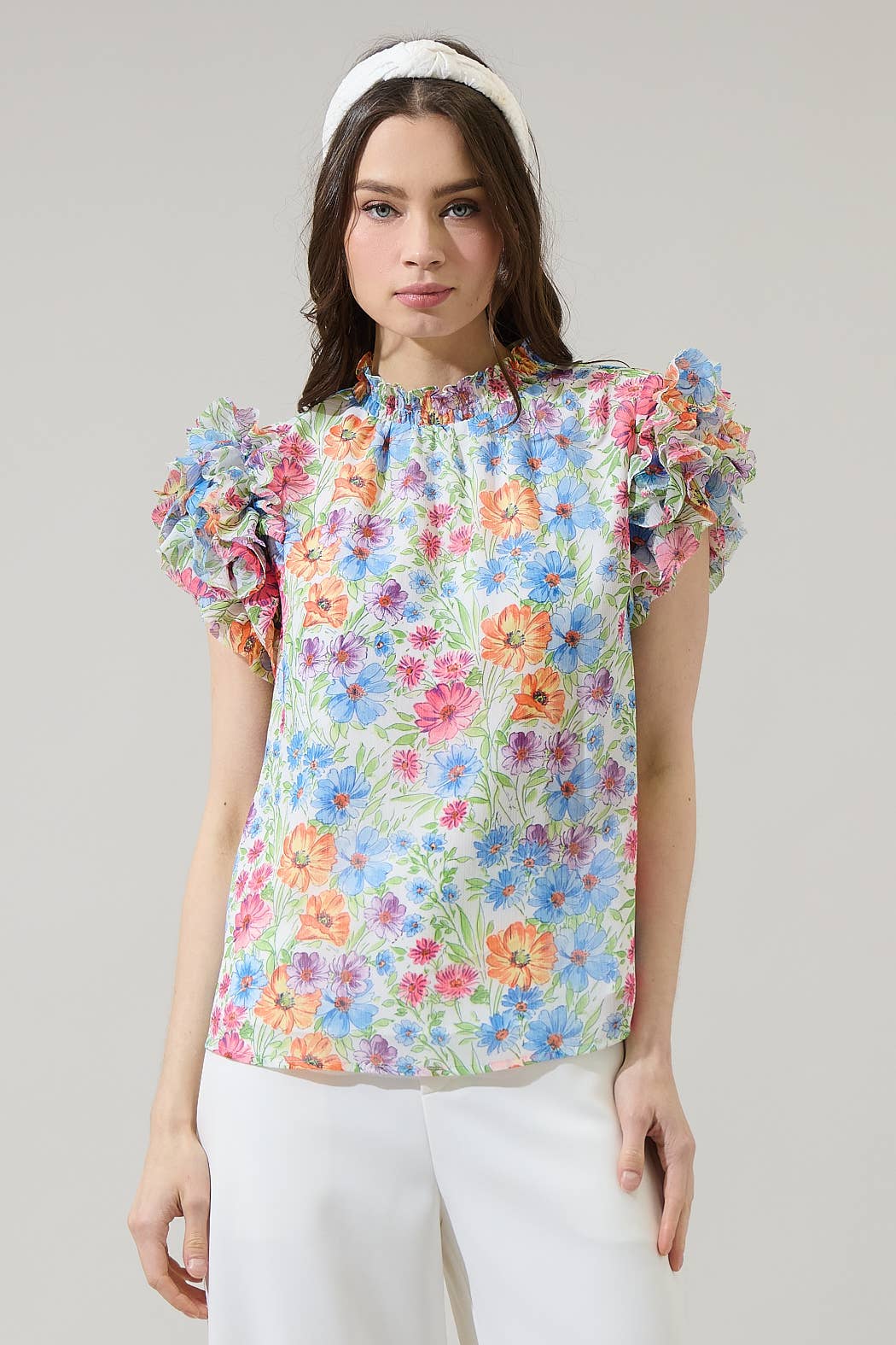 Floral mock neck ruffle blouse