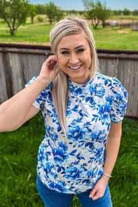 Blue and white floral print top