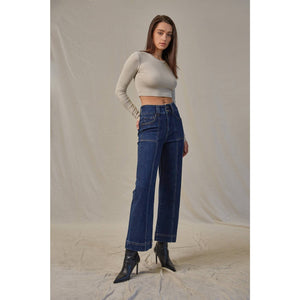 French navy jeans with super high rise and wide crop leg