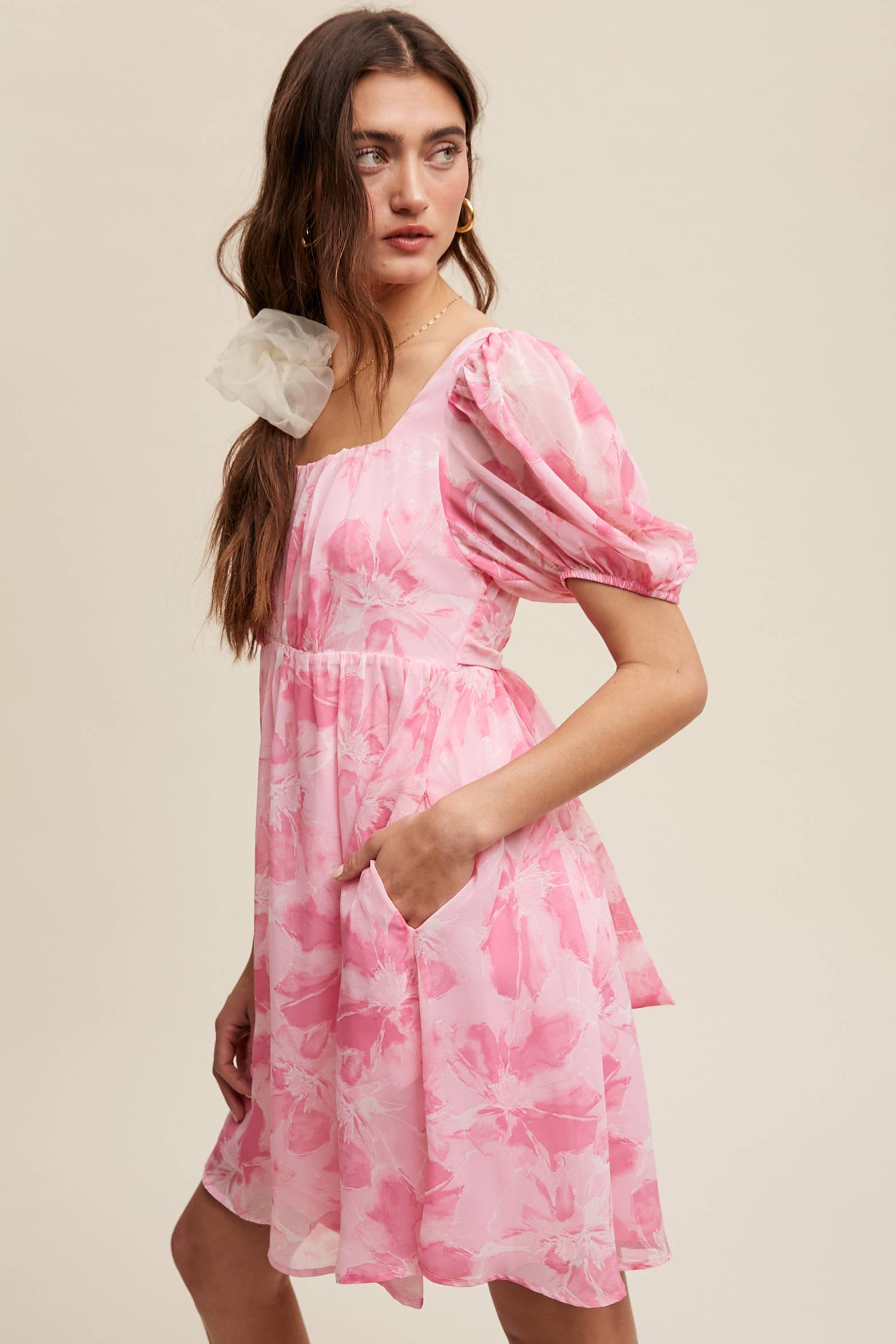 Pink floral puff-sleeve mini dress