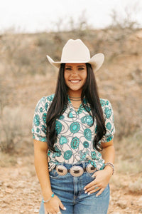 Turquoise concho print top