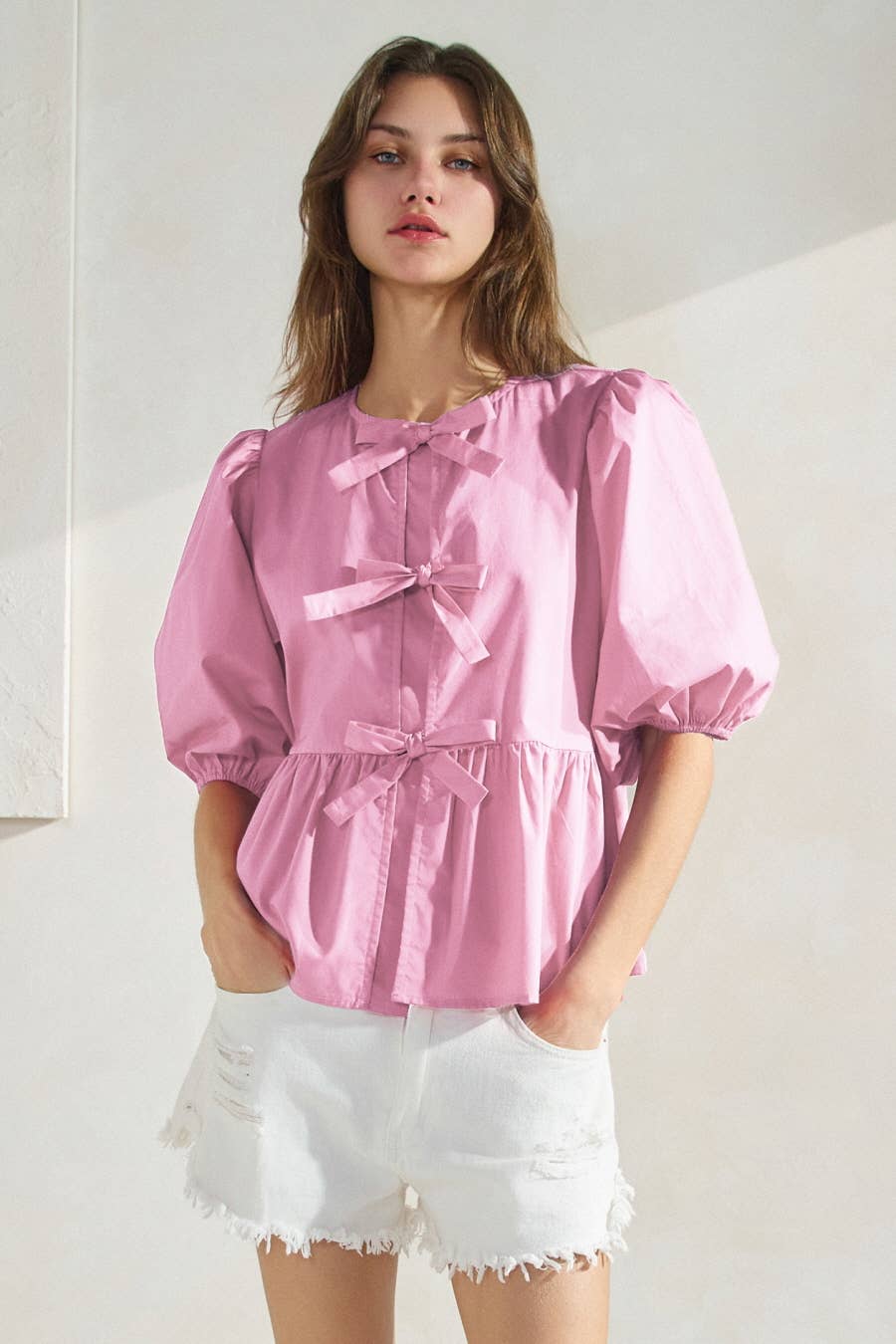 Lilac solid cotton poplin front tie ribbon blouse