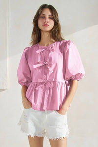 Lilac solid cotton poplin front tie ribbon blouse