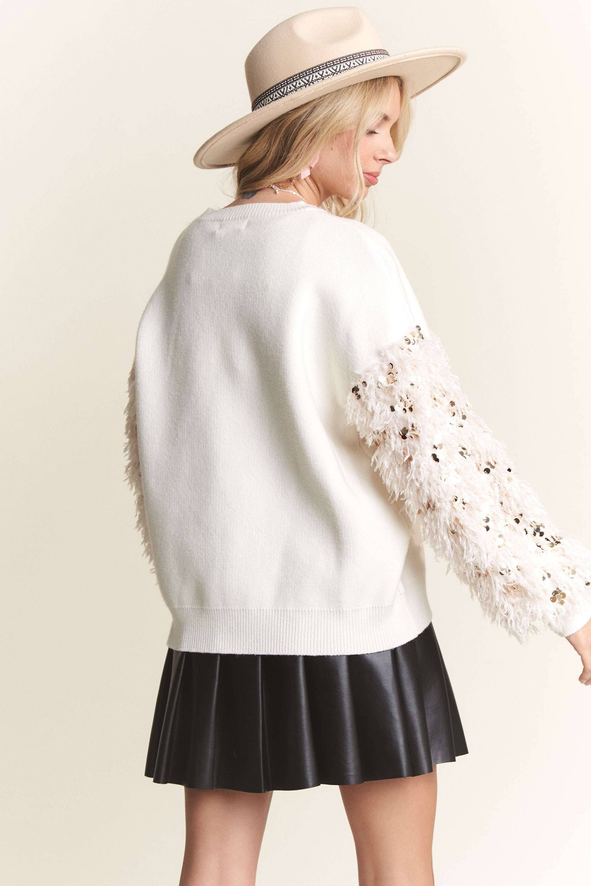 Off white sweater top with faux fur sequin sleeves