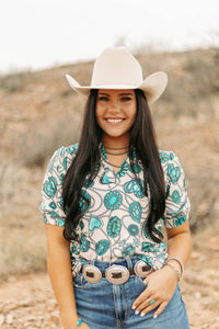 Turquoise concho print top