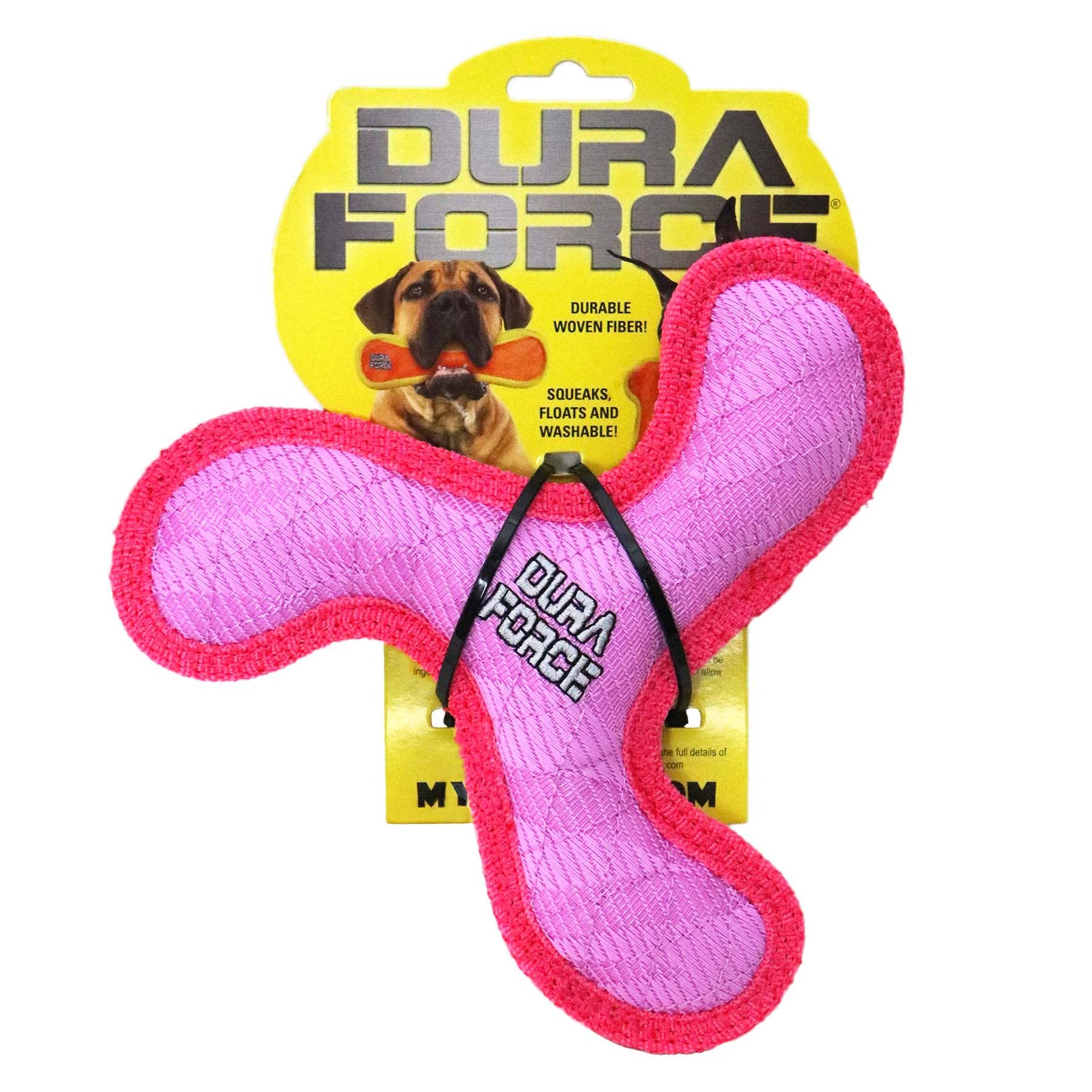 Pink squeaky boomerang Jr. dog toy