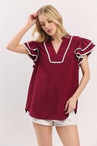 Maroon Game day ruffle sleeve scallop trim top