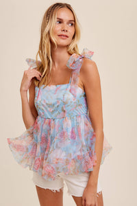 Blue floral print organza bow-tie top