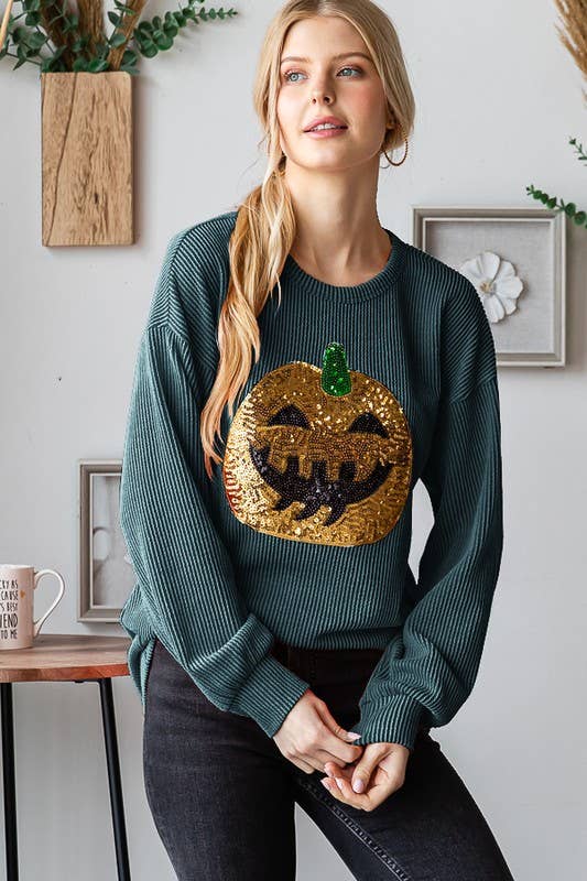 Hunter green ribbed sequins Halloween top