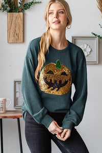 Hunter green ribbed sequins Halloween top