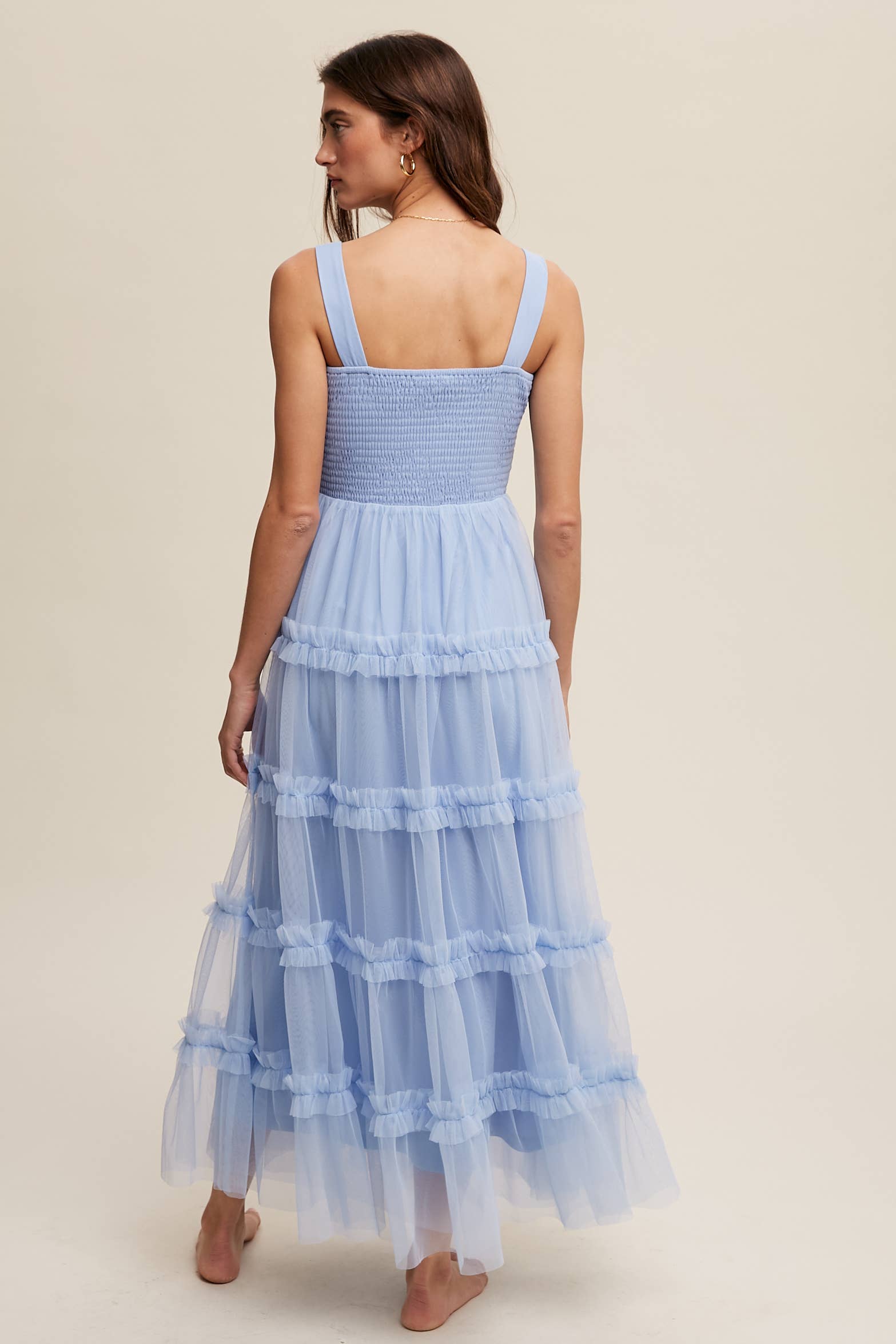Slate blue tiered tulle maxi dress