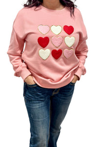 Pink chenille heart patch valentine's sweatshirt