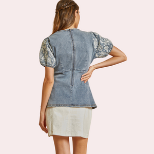 Denim top with floral embroidery