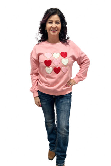 Pink chenille heart patch valentine's sweatshirt