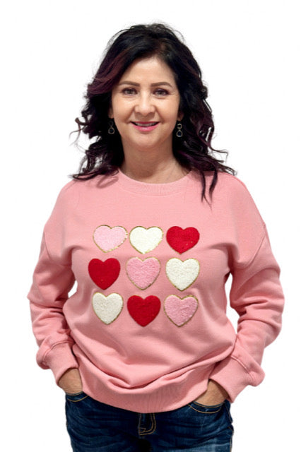 Pink chenille heart patch valentine's sweatshirt