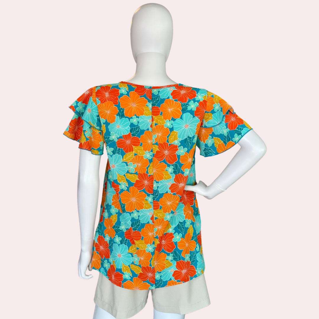 Blue/Orange ruffle sleeve  floral top