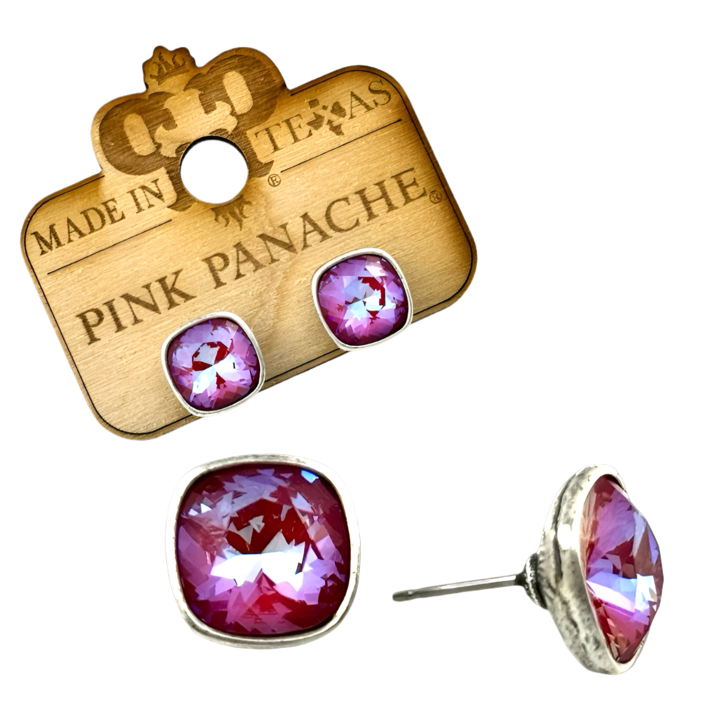 Fuchsia/Silver Austrian square crystal post earring, 10mm