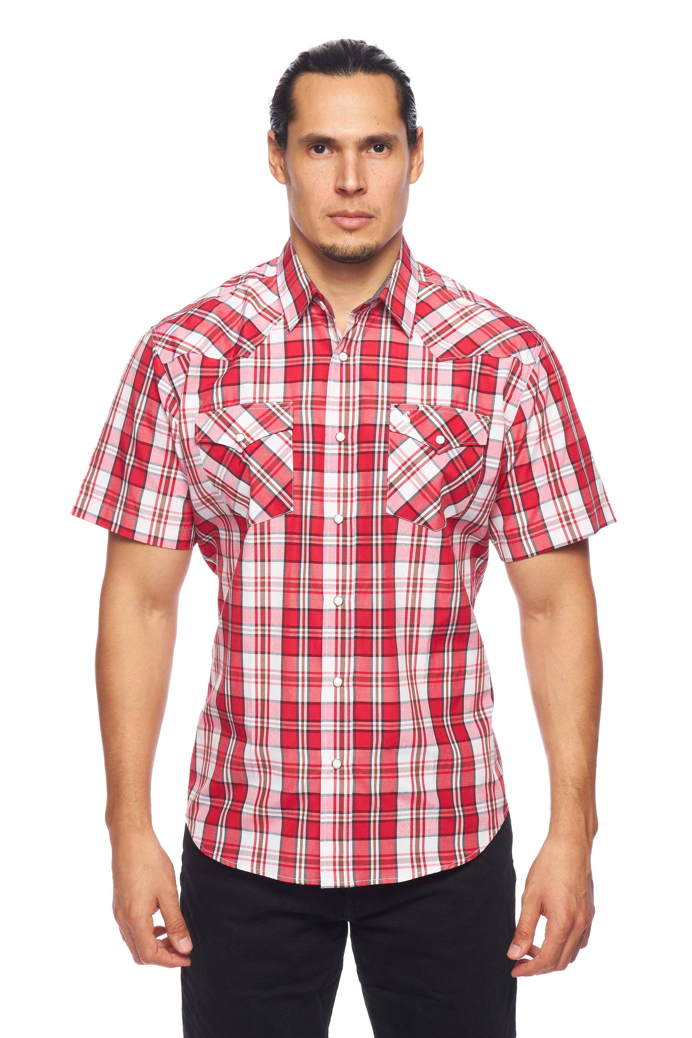 Red western short sleeve plaid shirt with pearl snaps