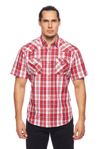 Red western short sleeve plaid shirt with pearl snaps