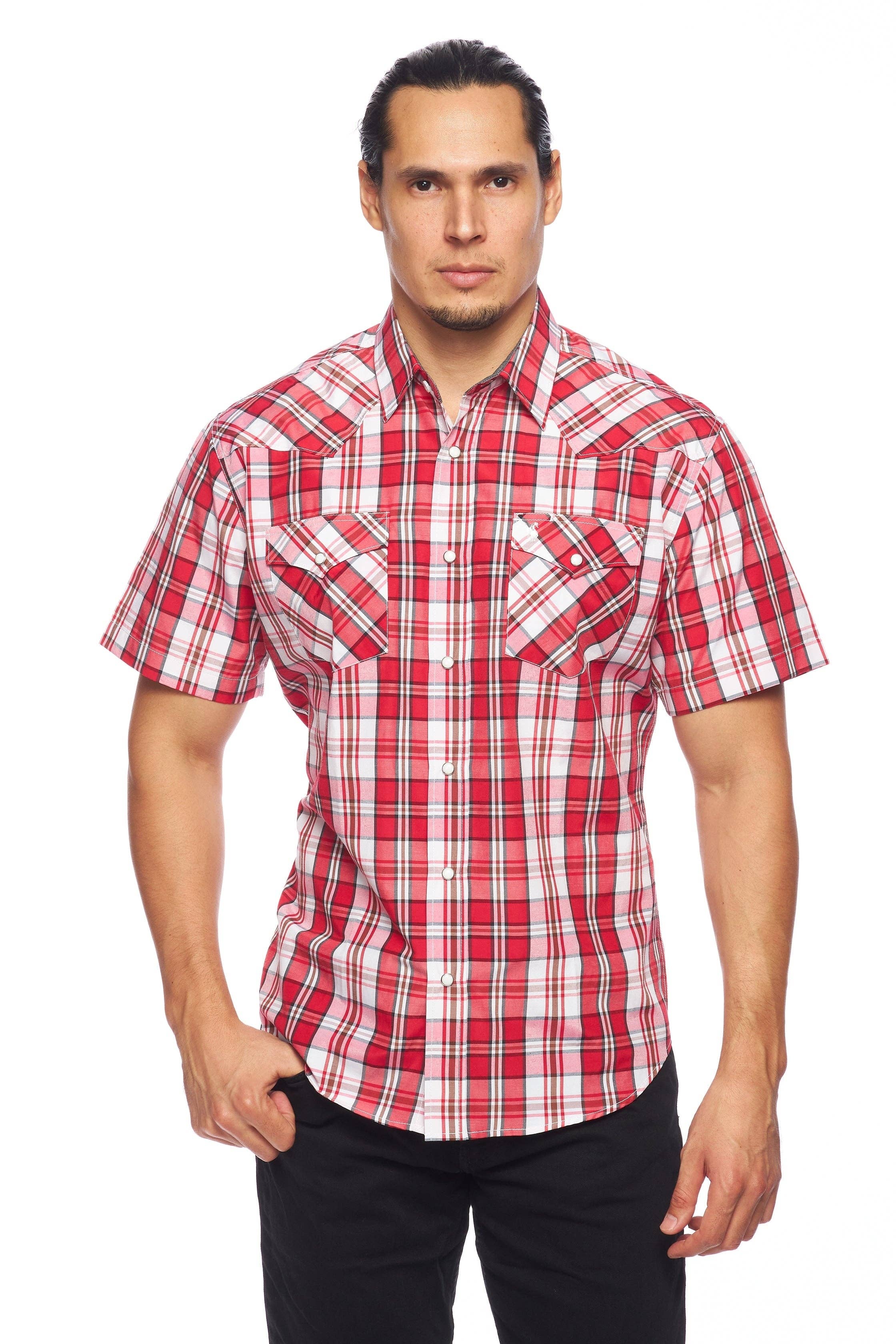 Red western short sleeve plaid shirt with pearl snaps